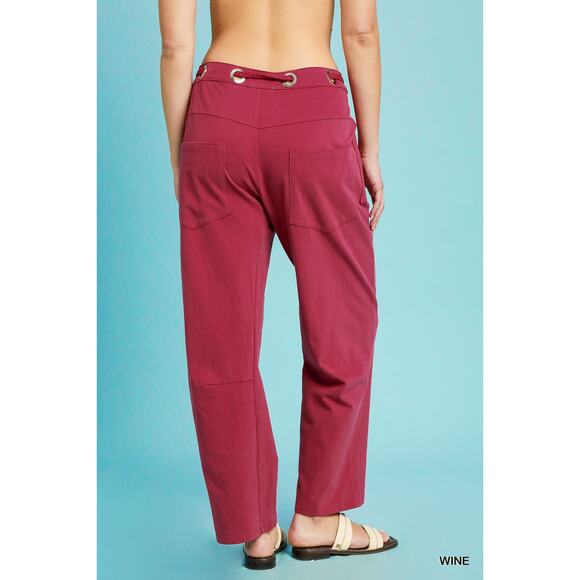 Umgee High Waist Adjustable Drawstring Casual Relaxed Fit Wide Leg Pants | Wine - Picture 4 of 5